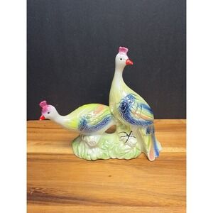 2 Vtg Porcelain Lusterware Peacock Figure Made in Brazil Majolica MCM Bird Peach